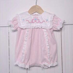 VINTAGE 90s MAYFAIR EUC Paper Tag Pink Striped Lace Embroidered Collar Romper